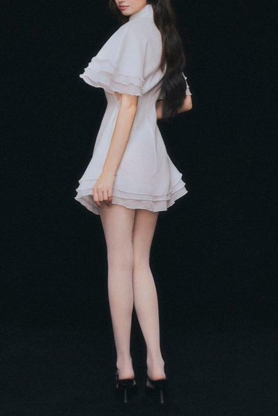 layer trim chiffon shirt mini dress in white