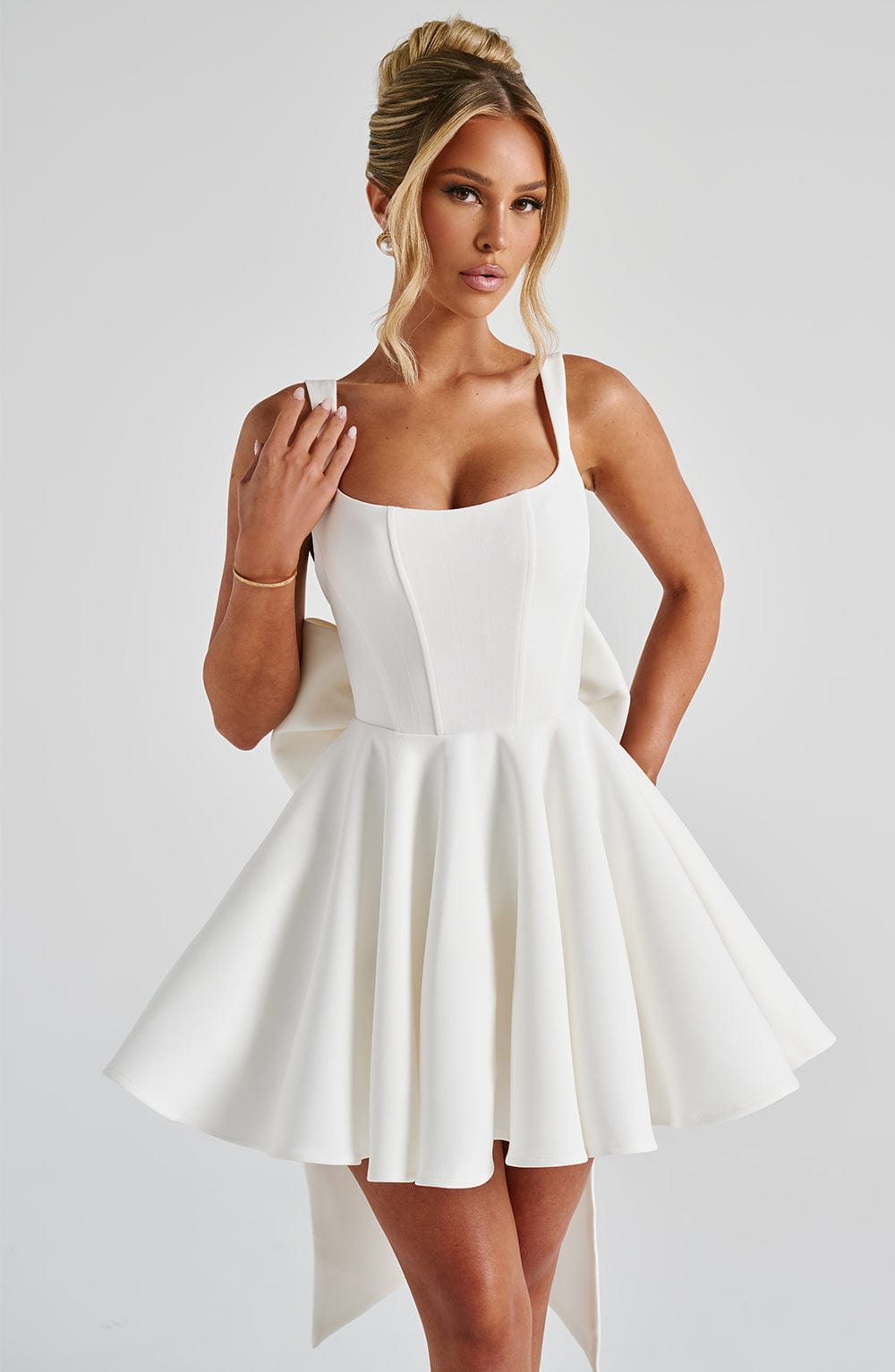 kristin back bow embellished Mini Dress in Ivory