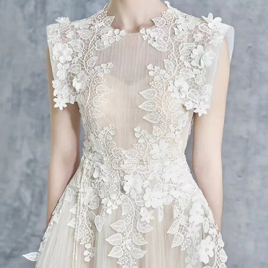 floral appliqué bodice sleeveless midi dress in beige