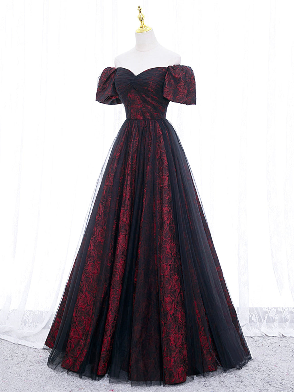 A-Line Tulle Lace Black/burgundy Prom Dress