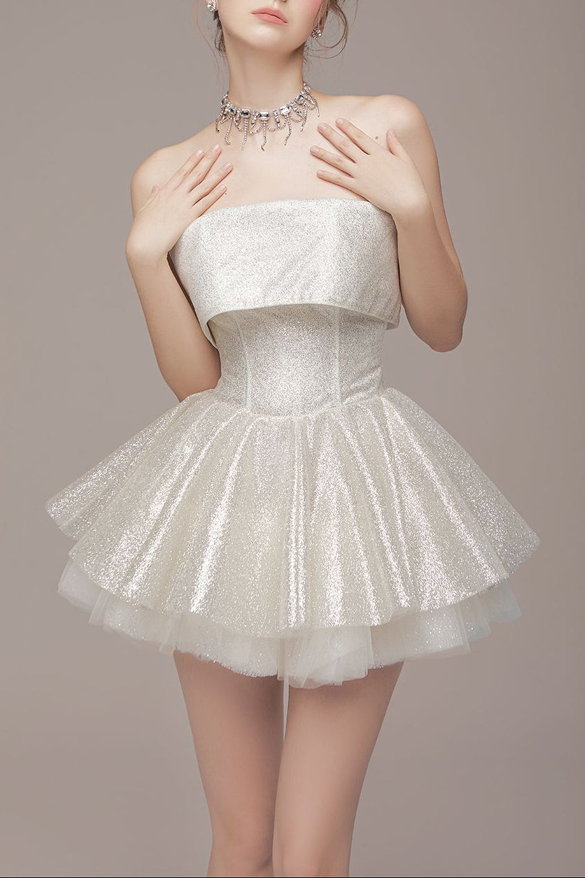 alberta Mesh Tulle strapless Tutu mini dress in apricot