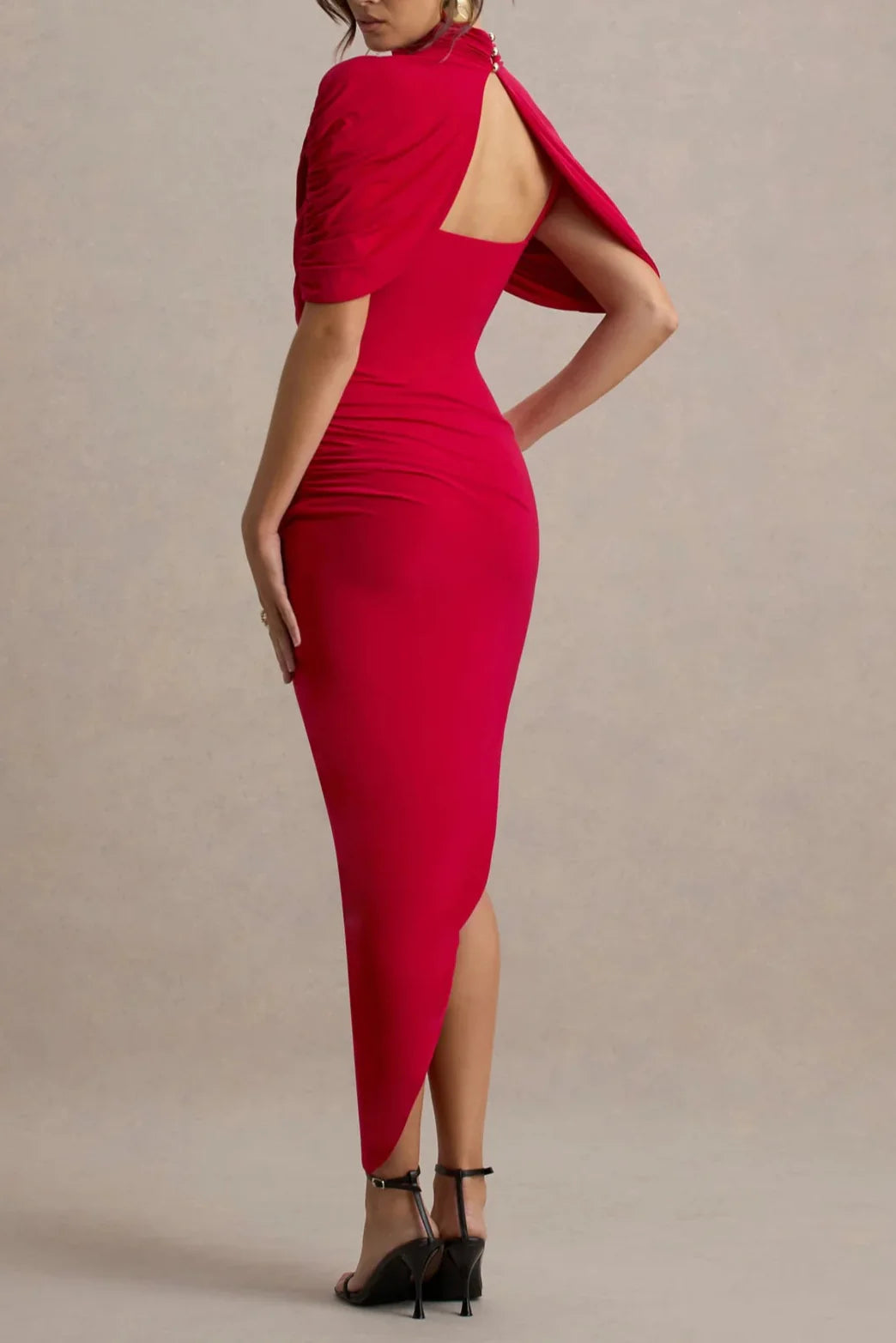 Asymmetric Cape Ruched Midi Dress - Red