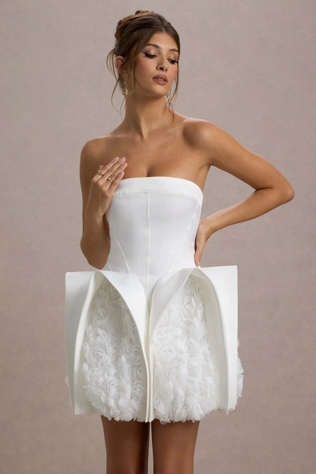 White Bandeau Mini Dress With Puff Floral Hem