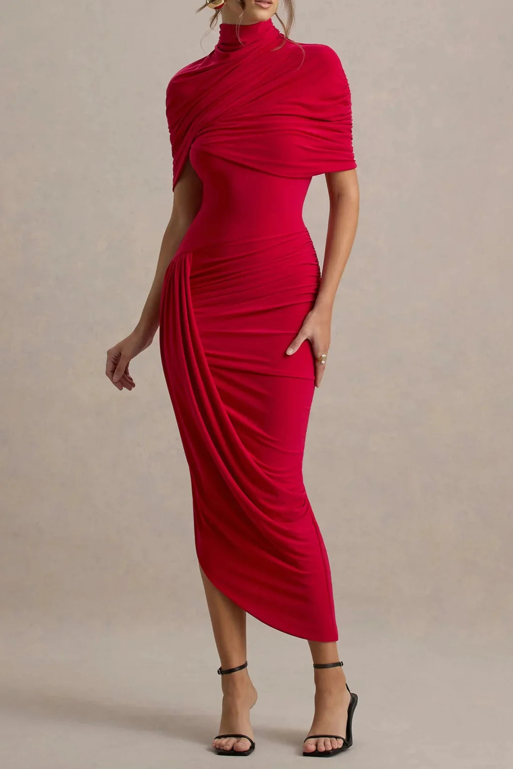 Asymmetric Cape Ruched Midi Dress - Red