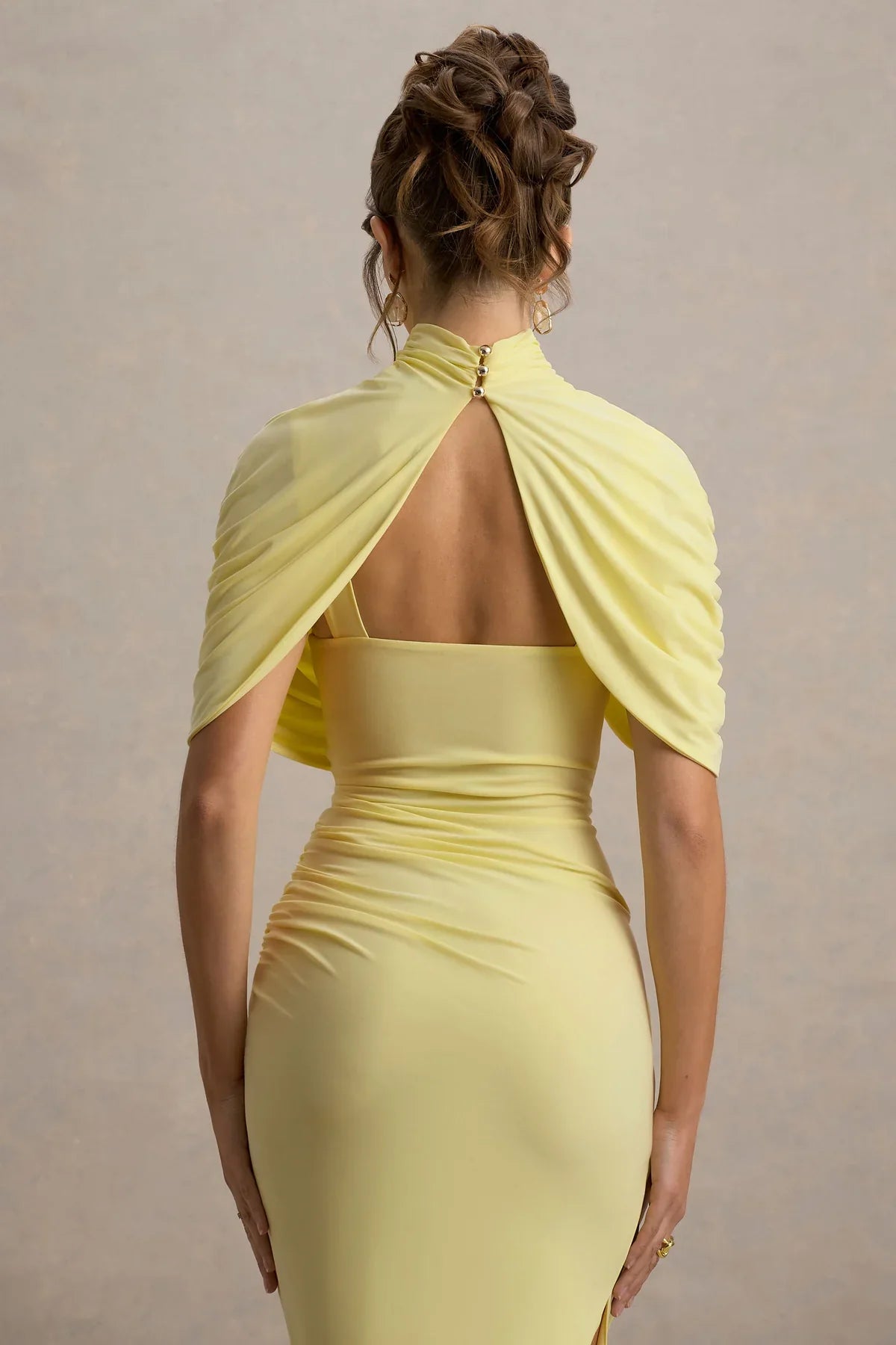 Asymmetric Cape Ruched Midi Dress - Yellow