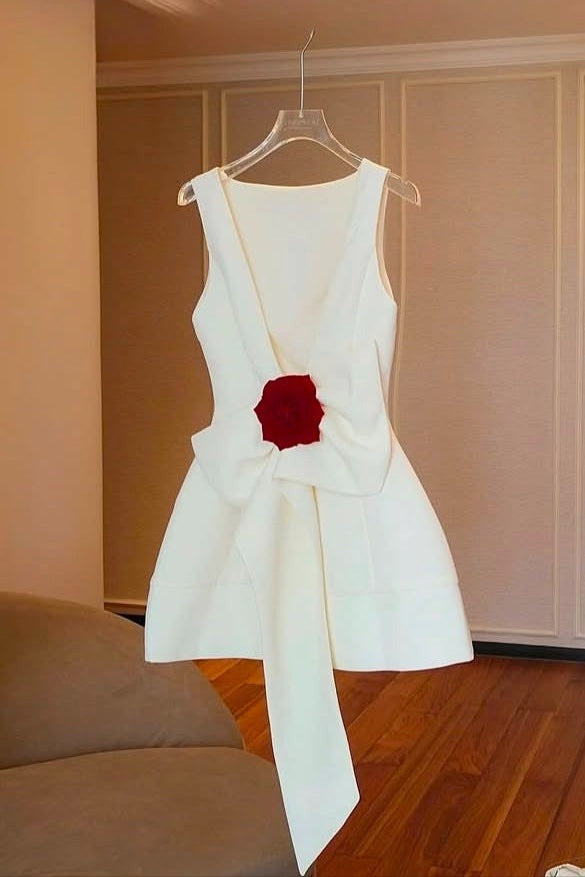 Joanna backless flower bow embellished mini dress in white