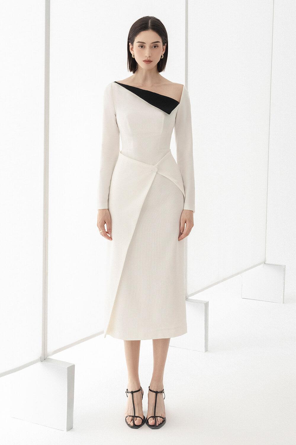 Wendy Sheath Asymmetric Neck Polycotton Midi Dress