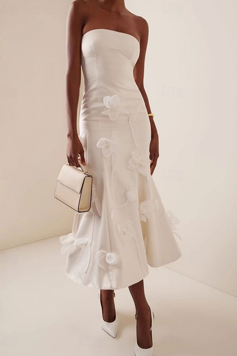 3D Floral Applique Sleeveless Midi dress in white