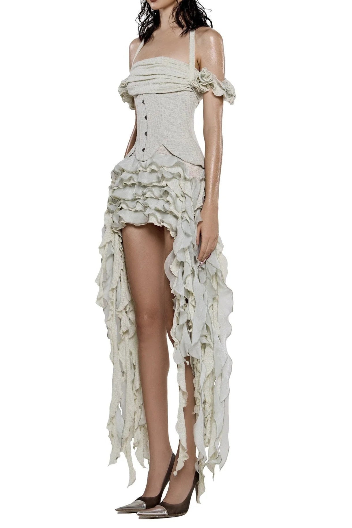elva halter three-dimensional flower irregular tassel mini dress in Beige