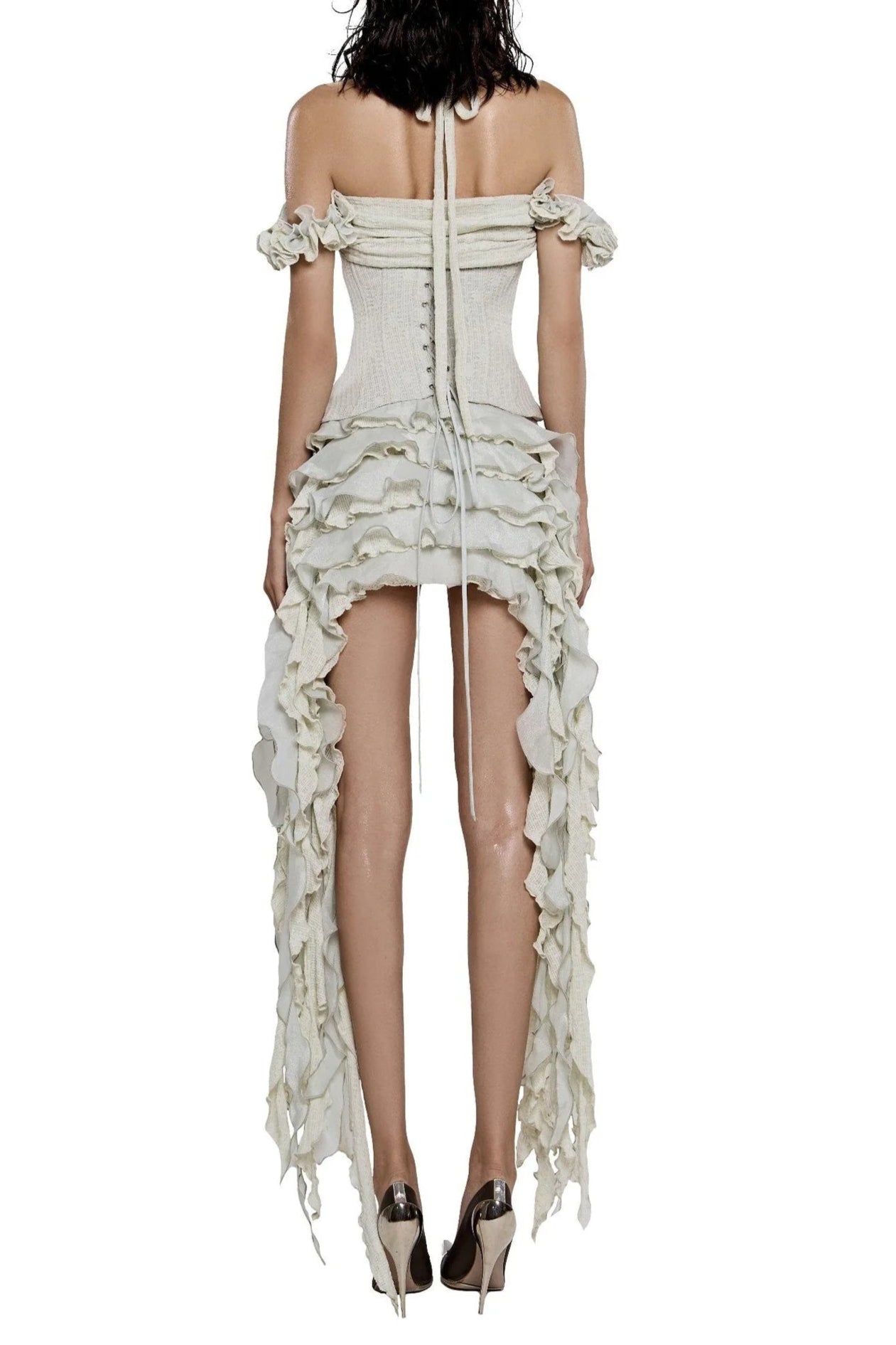 elva halter three-dimensional flower irregular tassel mini dress in Beige